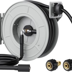 Giraffe Tools Pressure Washer Hose Reel 65ft, Power Washer Hose Reel, Pressure Washer Retractable Hose Reel, Heavy Duty, Wall/Floor Mounted, 3200 PSI, Silver